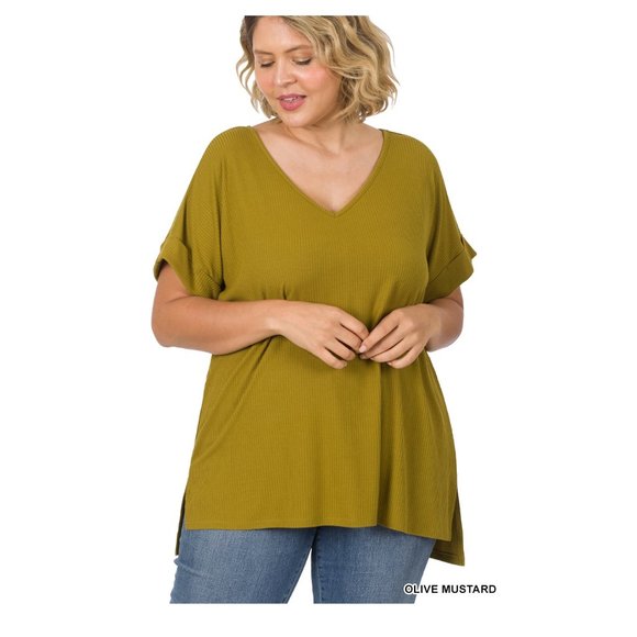 Plus Size Ribbed Knit Top Short Sleeve V-Neck With Side Slits Olive Mustard - Picture 1 of 4